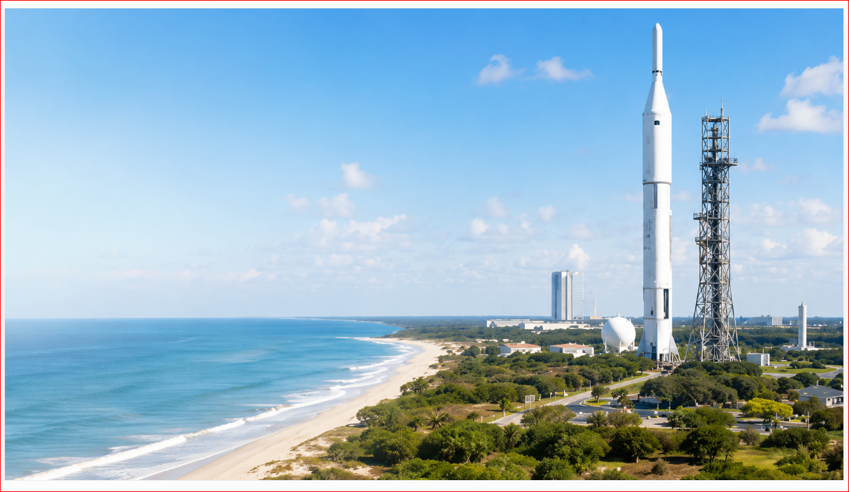Florida Space Coast beach and rocket launch background